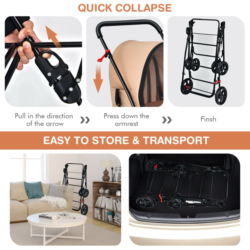 Quickly collapsible 4-in-1 double pet stroller in beige, ideal for easy storage and transport of pets.