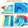 Inflatable water slide bounce house featuring two slides, water cannon, and climbing wall for outdoor fun.