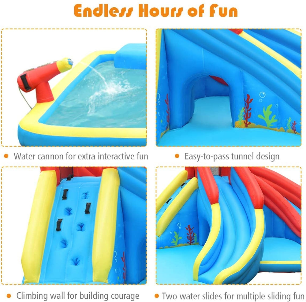 Inflatable water slide bounce house featuring two slides, water cannon, and climbing wall for outdoor fun.