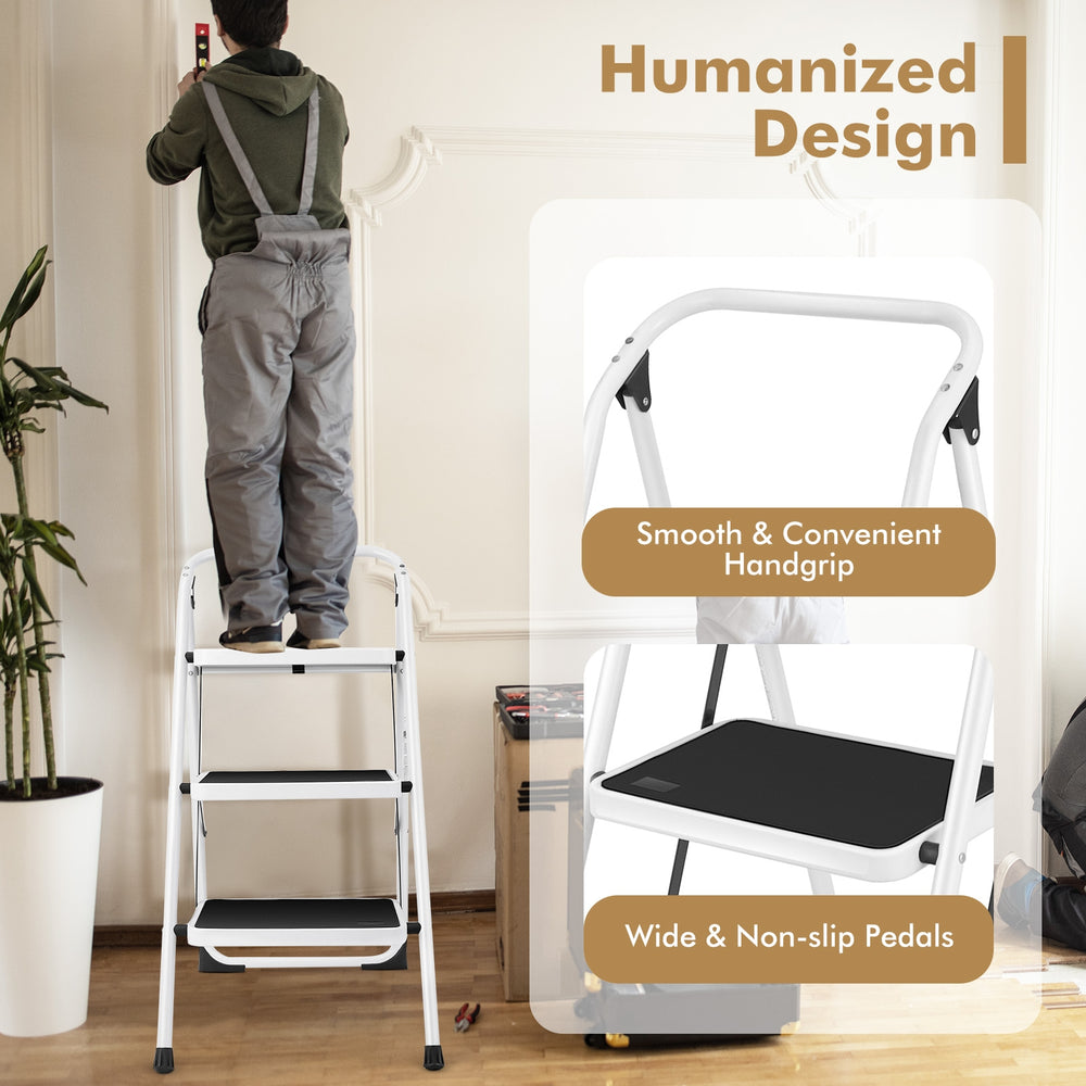 Folding 3-step ladder with handgrip, featuring anti-slip platform and wide pedals for safe use in home or office.