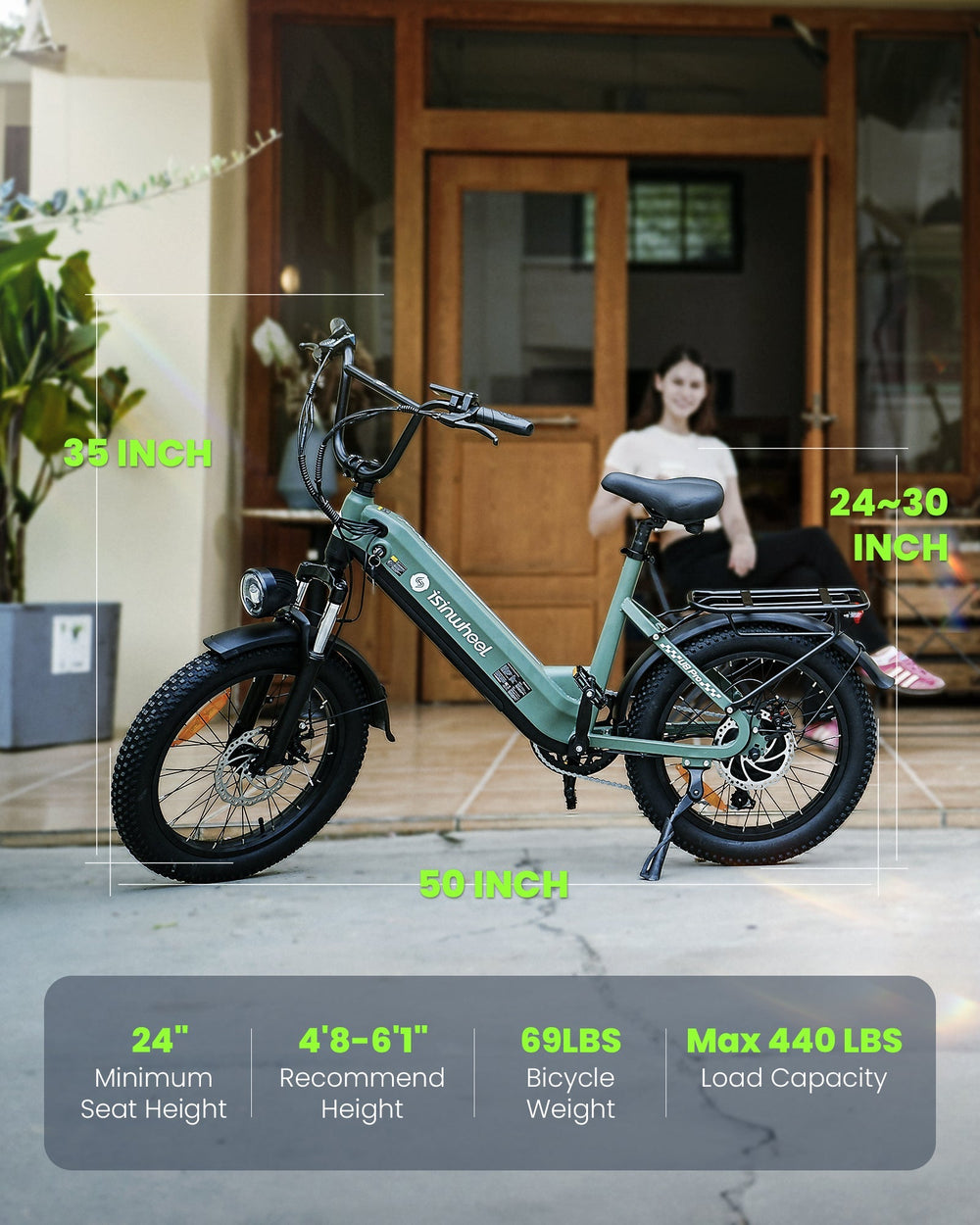 isinwheel U8 Electric Bike for Adults - size/fit and load graphic
