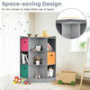 Gray 3-tier kids storage shelf corner cabinet with colorful baskets, perfect for organizing toys and decor in small.