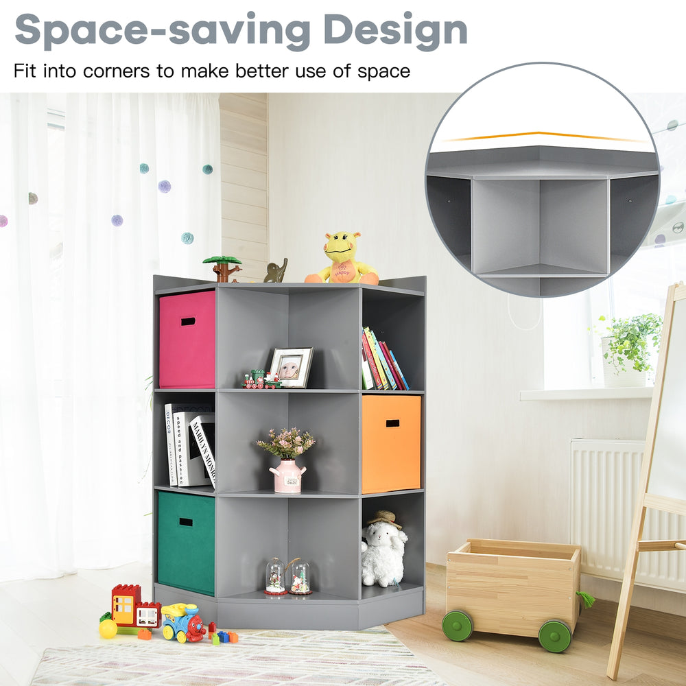 Gray 3-tier kids storage shelf corner cabinet with colorful baskets, perfect for organizing toys and decor in small.