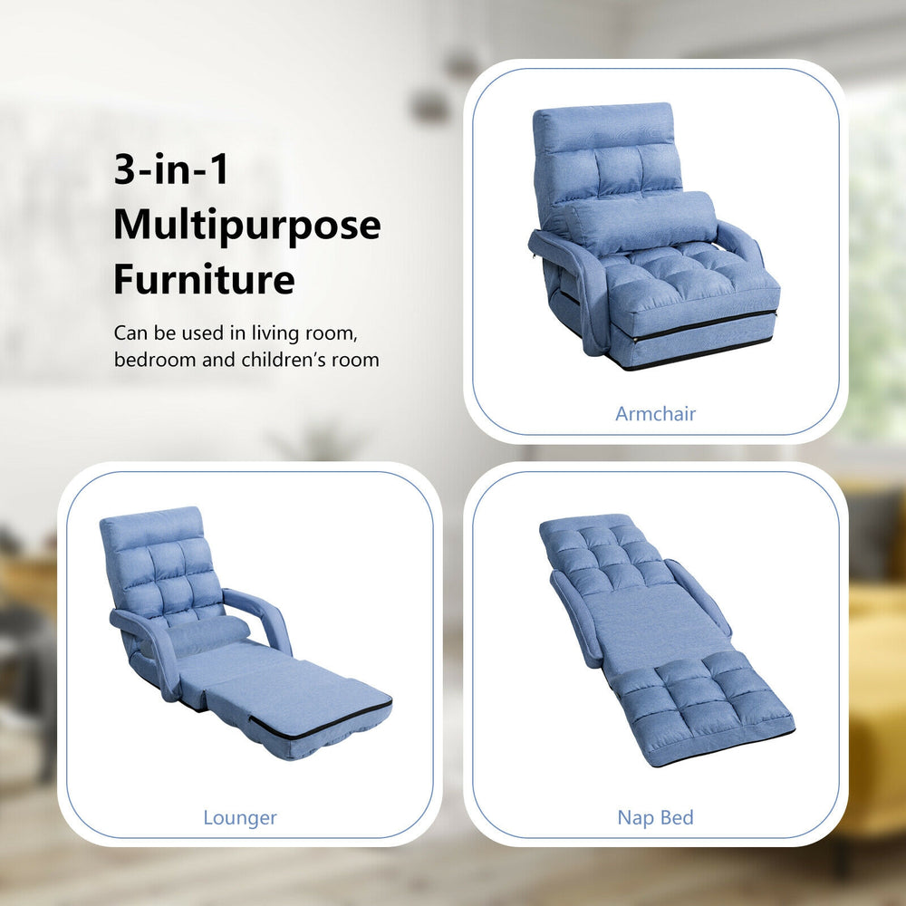 Folding lazy floor chair sofa in blue with armrests and pillow, ideal for living room or dorm use, easily foldable.
