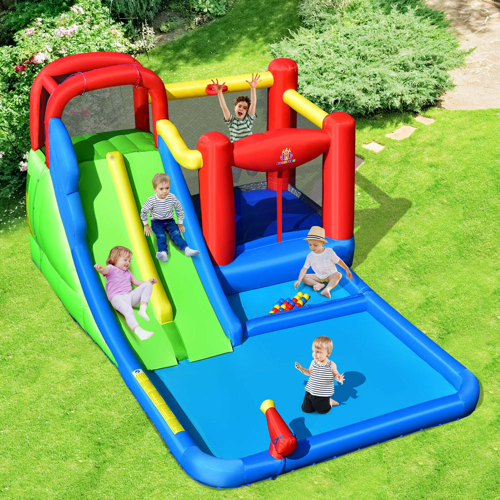 Inflatable water slide with climbing wall, basketball hoop, and splash pool, perfect for outdoor summer fun for kids.