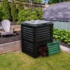 80-gallon outdoor composter in green with large open lid and bottom exit door for easy compost access and garden use.