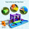 Inflatable water slide castle featuring jumping area, splash pool, and bright octopus design for backyard fun.