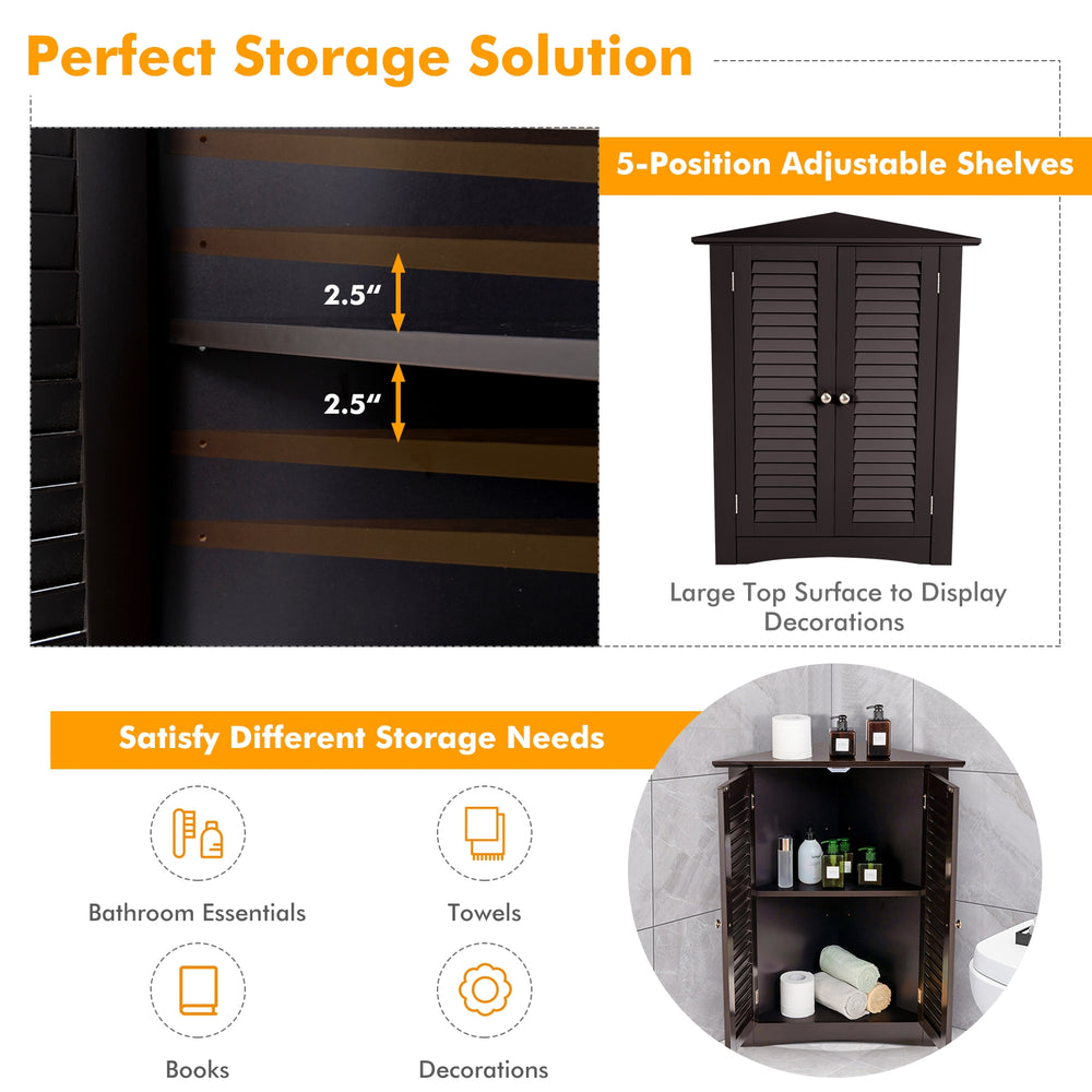 Brown bathroom corner storage cabinet with shutter doors and adjustable shelves for versatile organization in any room.