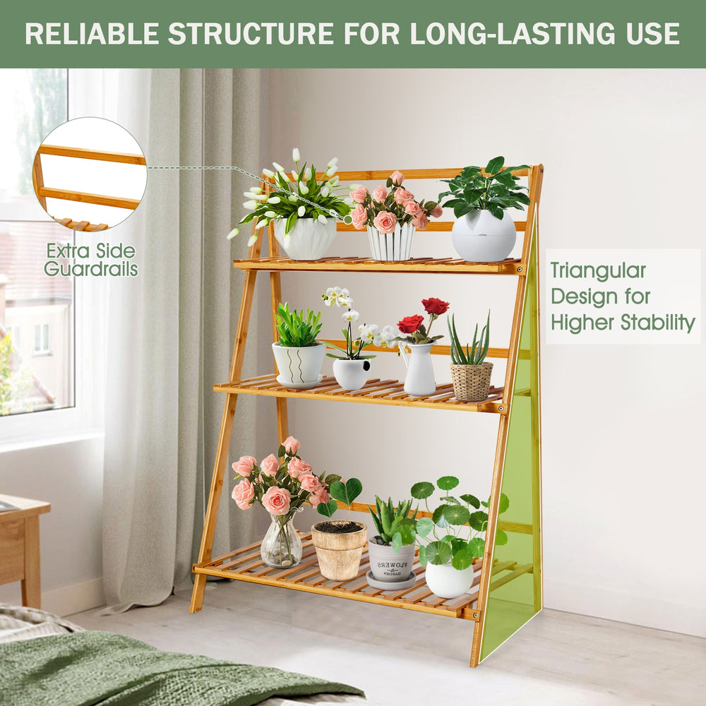 3-tier bamboo foldable plant stand with triangular design, showcasing potted plants for indoor and outdoor use.
