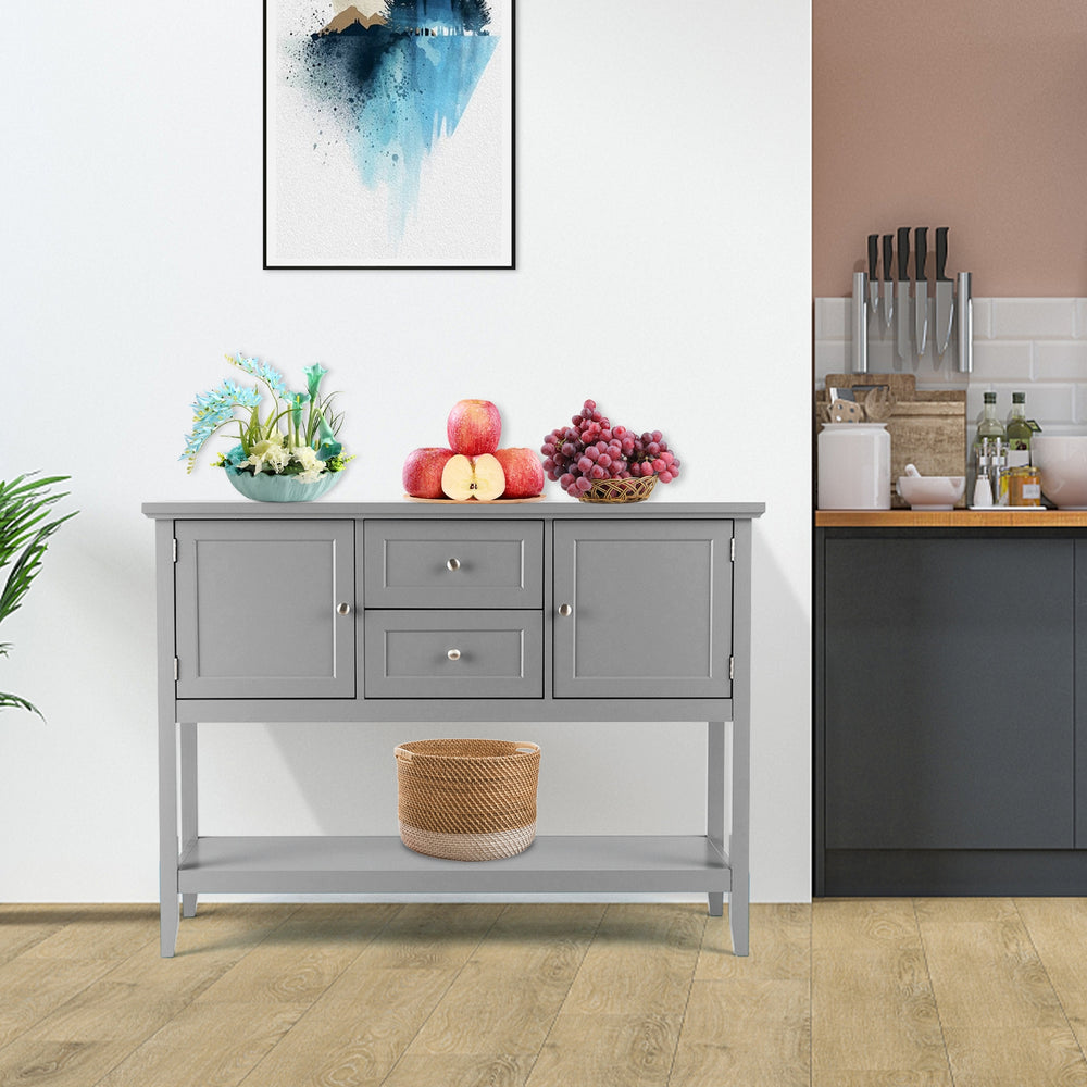 Gray wooden sideboard buffet console table with open shelf, perfect for displaying decorative items in any room.