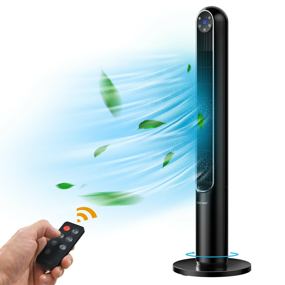 42-inch black tower fan with remote control, 80° oscillation, and smart display for comfortable airflow in any room.