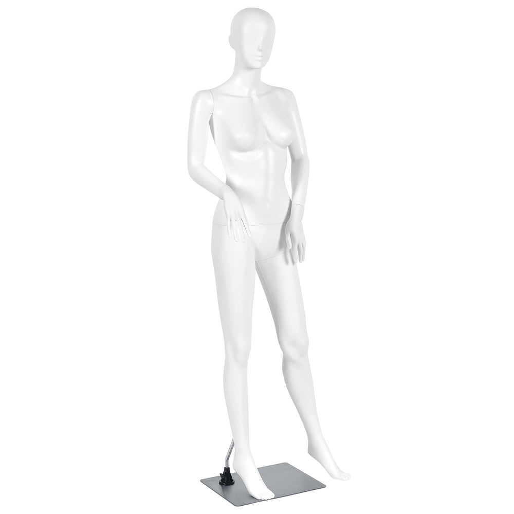 5.8 ft female mannequin with hands on waist, made of durable plastic and aluminum, ideal for displaying fashionable.