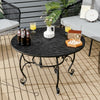 Round patio fire pit dining table with a black heat-resistant surface, ideal for outdoor gatherings and BBQs.