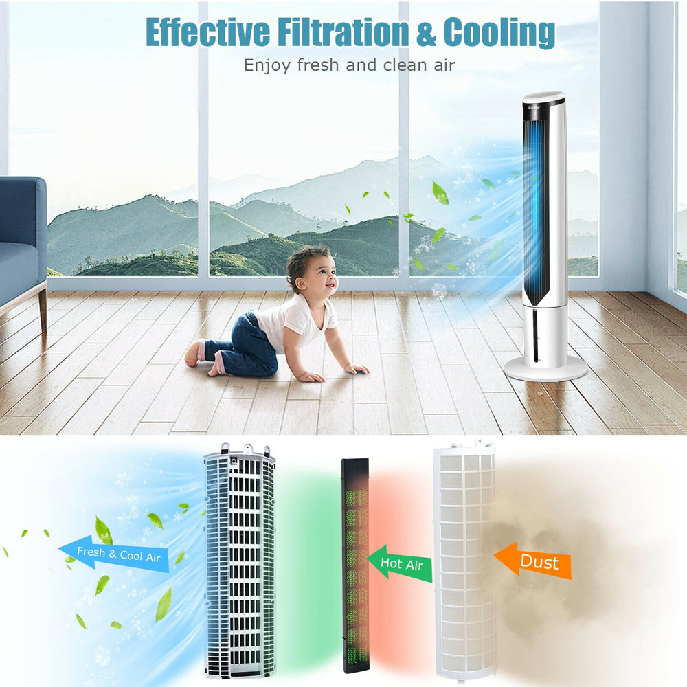 41-inch evaporative air cooler with 3 modes, 3 speeds, and bladeless design for safe, efficient cooling in any room.