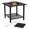 Square 31-inch outdoor fire pit dining table with a spark screen cover and fire poker, perfect for safe outdoor dining.