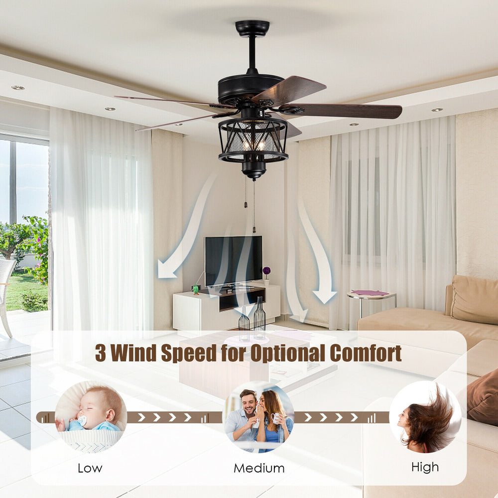 50-inch black ceiling fan with lights, reversible blades, and pull chain control for adjustable comfort in any room.