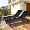 Adjustable black outdoor chaise recliner with wheels, featuring a heavy-duty steel frame, perfect for patio relaxation.