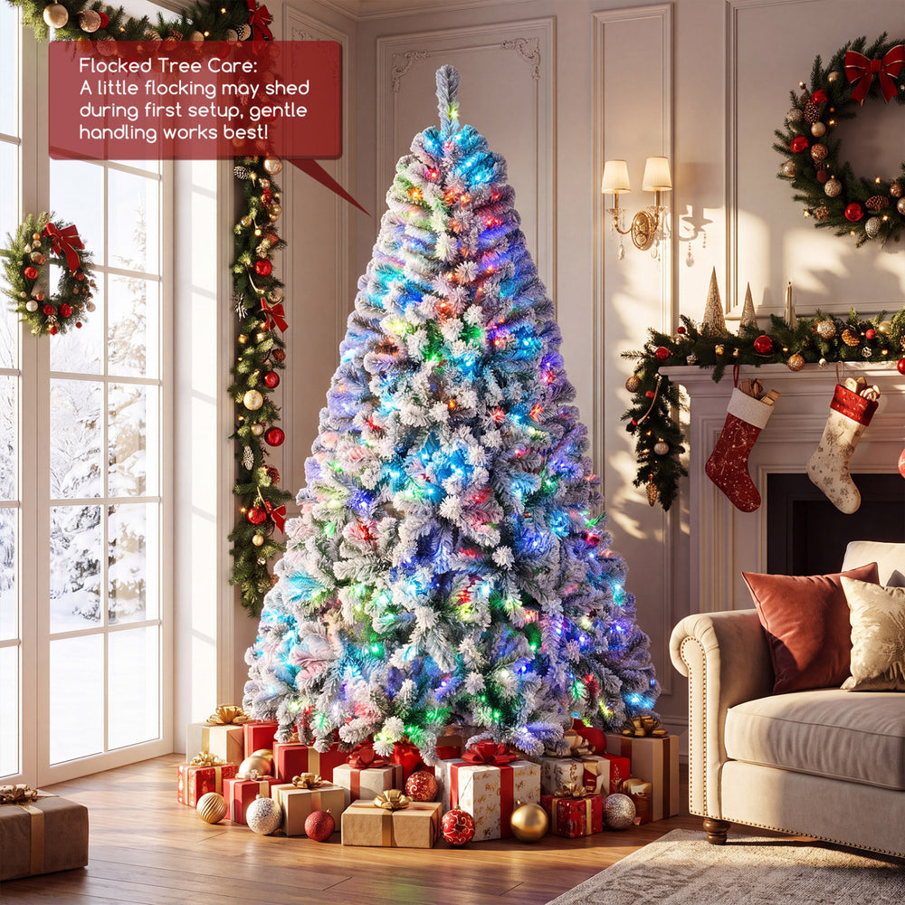 6FT smart pencil Christmas tree with wintry white flocking, 450 RGB lights, and music sync for festive ambiance.