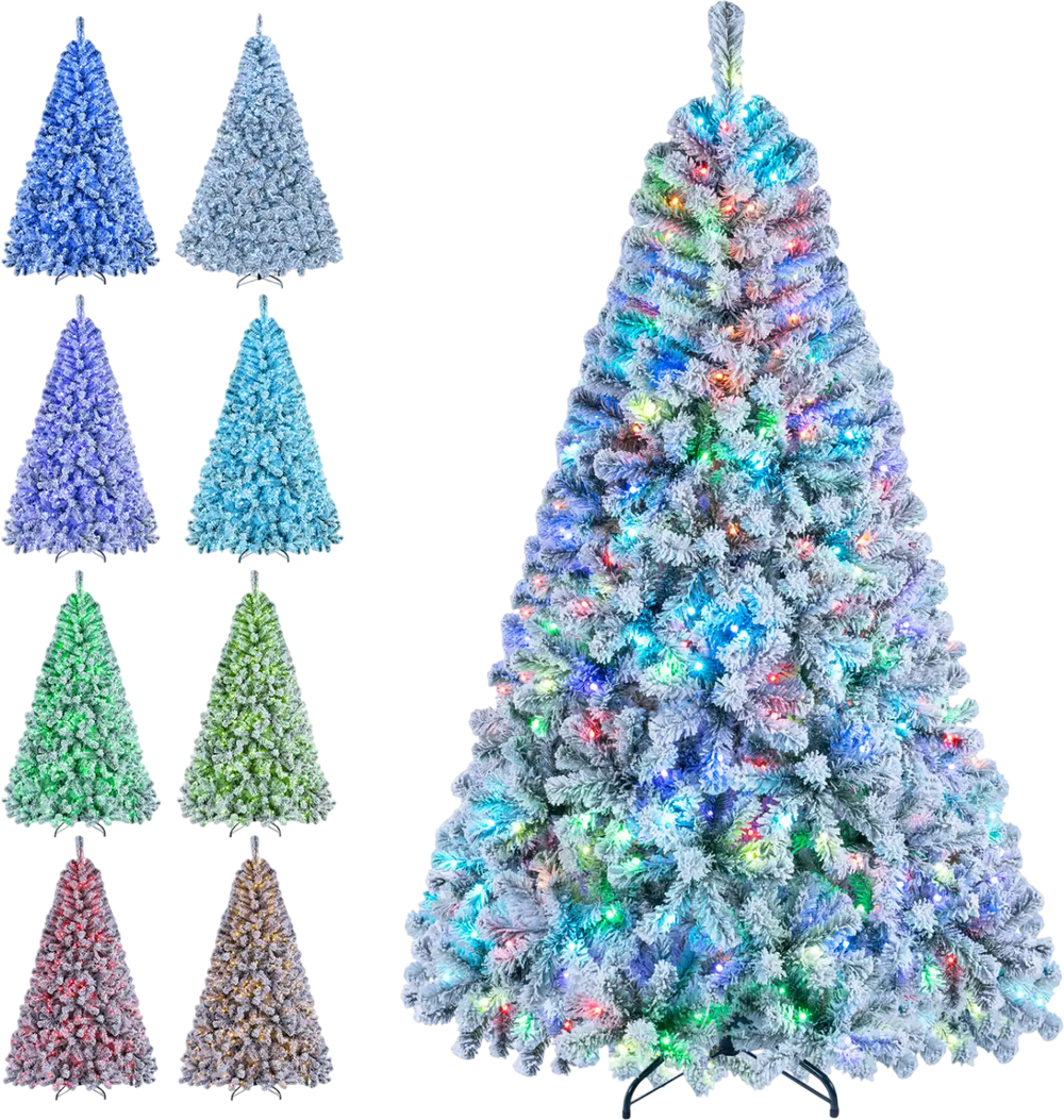 6FT Smart Pencil Christmas Tree with RGB lights, music sync, and wintry white flocking for a festive ambiance.