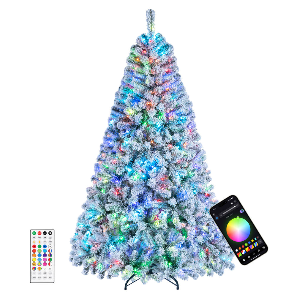 6FT Smart Pencil Christmas Tree with RGB lights, remote control, and wintry white flocking for festive holiday decor.