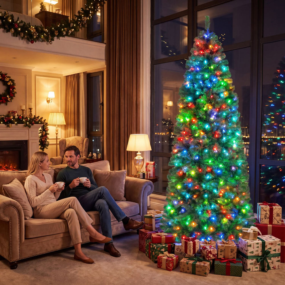 7.5 FT Smart Pencil Christmas Tree with 380 RGB LED lights, showcasing vibrant greenery and festive decorations in a cozy setting.