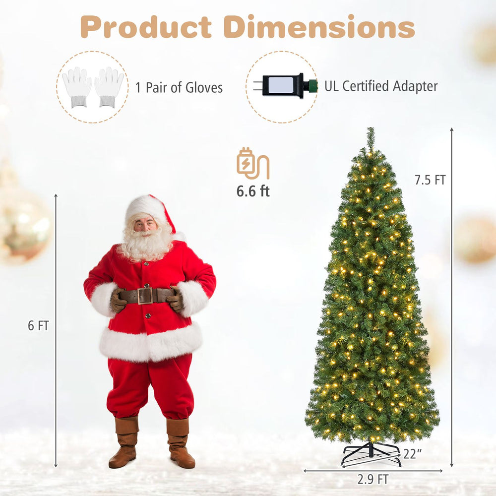 7.5 FT Smart Pencil Christmas Tree dimensions displayed with a Santa figure, highlighting its height and festive appeal.