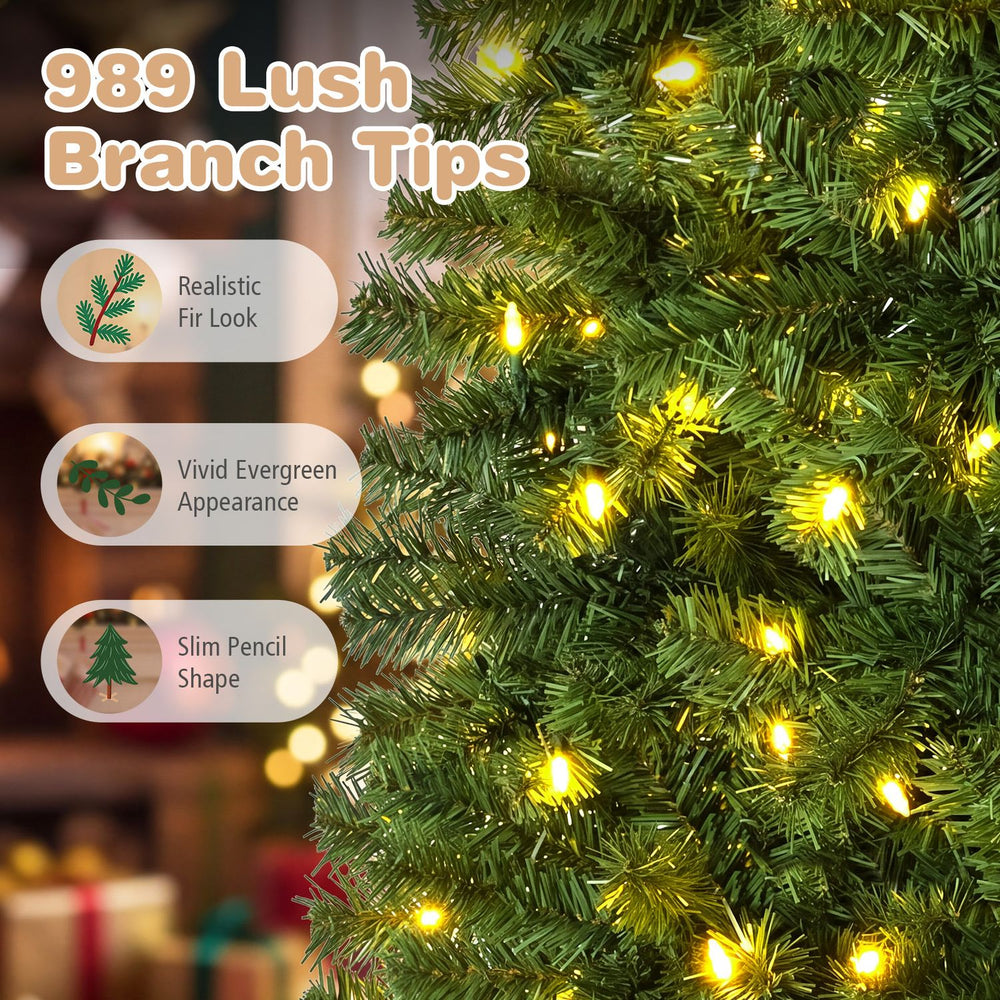 7.5 FT Smart Pencil Christmas Tree with 989 lush branch tips and 380 pre-lit RGB LED lights for festive holiday decor.