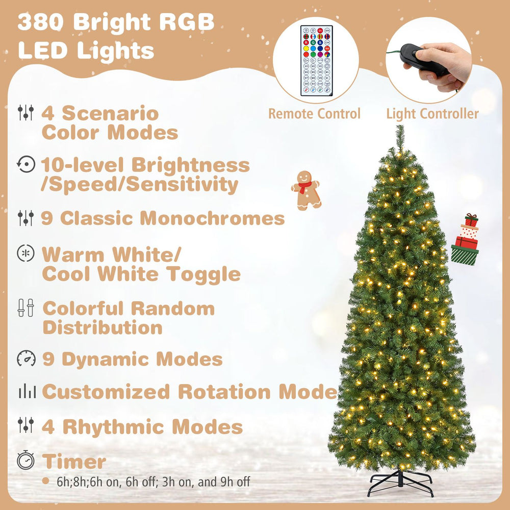 7.5 FT Smart Pencil Christmas Tree with 380 RGB LED lights, featuring multiple lighting effects and a convenient remote control.
