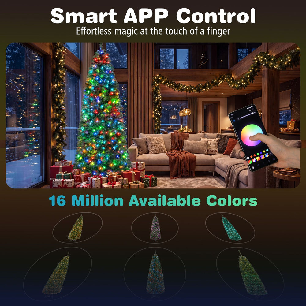 7.5 FT Smart Pencil Christmas Tree with 380 RGB LED lights, featuring smart app control and 42 lighting effects for festive decor.