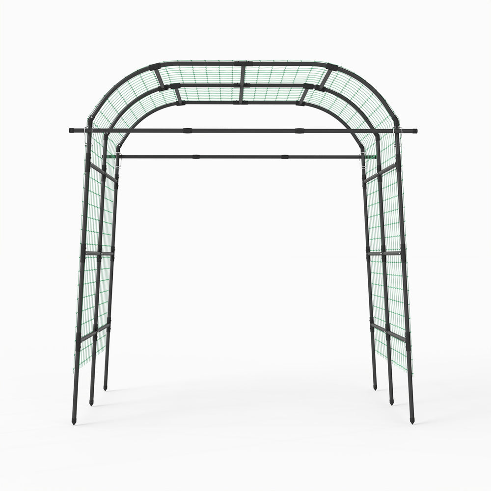 7.5 FT tall black metal garden arch trellis for climbing plants, featuring adjustable width and sturdy.