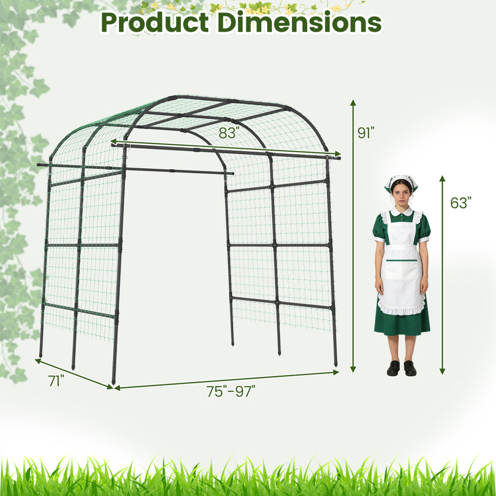 7.5 FT tall black metal garden arch trellis with adjustable width, ideal for supporting climbing plants outdoors.