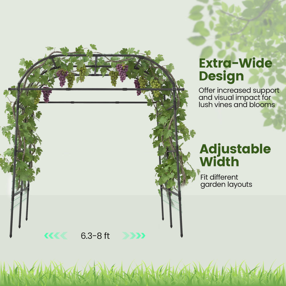 Metal garden arch trellis for climbing plants, 7.5 ft tall, adjustable width, extra-wide design for healthy growth.