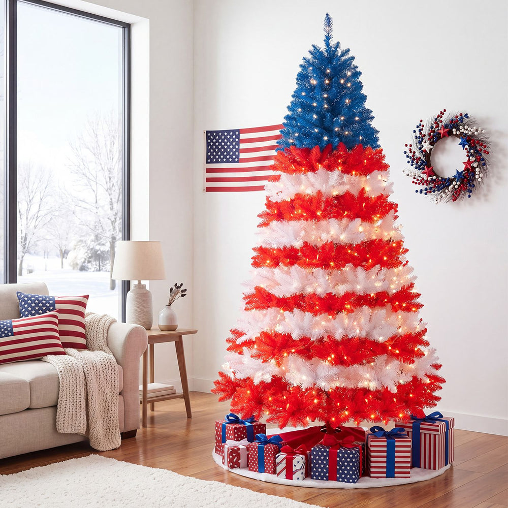Colorful 7.5 feet artificial Christmas tree features red, white, and blue foliage with 480 warm white LED lights for festive decor.