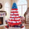 Colorful 7.5 feet artificial Christmas tree features red, blue, and white foliage with 480 warm white LED lights for festive decor.