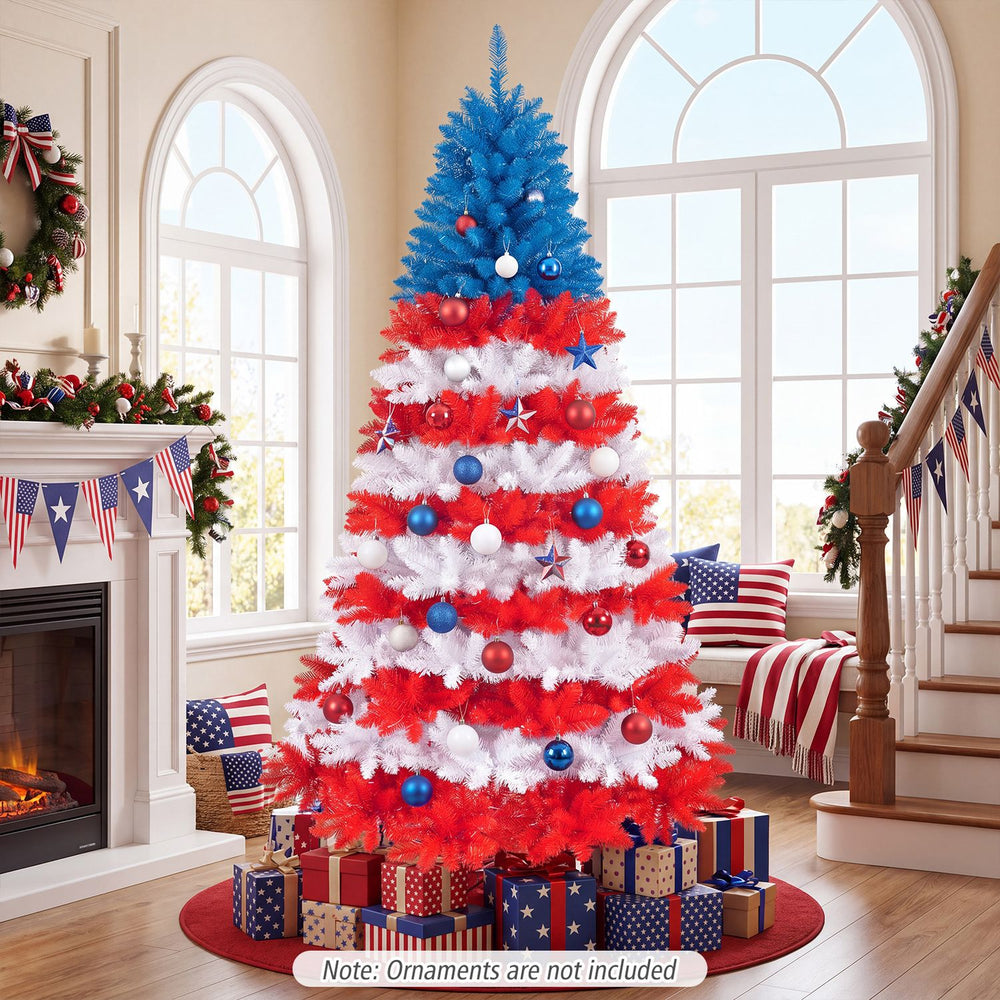 Colorful 7.5 feet artificial Christmas tree features red, blue, and white foliage with 480 warm white LED lights for festive decor.