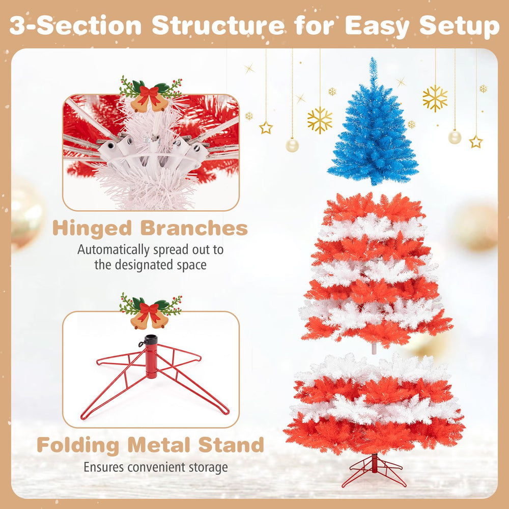 7.5 feet artificial Christmas tree features red, blue, and white foliage with 480 warm white LED lights for festive decor.