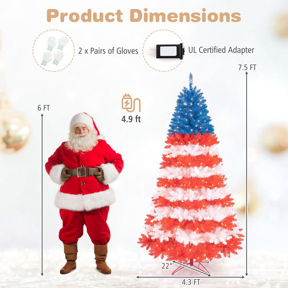 7.5-foot artificial Christmas tree features red, blue, and white foliage with 480 warm white LED lights for festive decor.