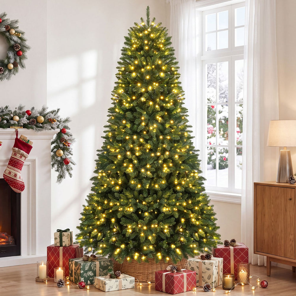 7.5 feet artificial fir Christmas tree with 700 LED lights, creating a cozy holiday atmosphere in a beautifully decorated room.