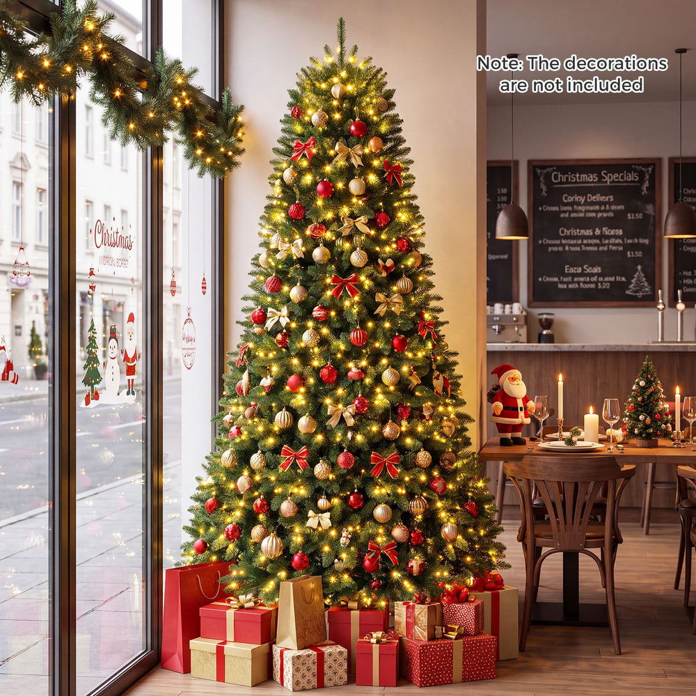 7.5 feet artificial fir Christmas tree adorned with 700 LED lights, creating a warm ambiance for holiday celebrations.