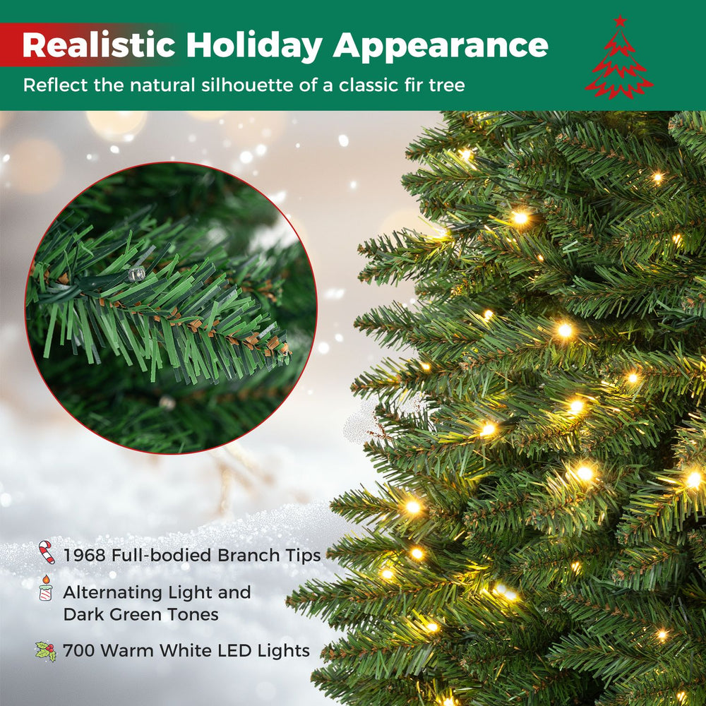 Close-up of the 7.5 feet artificial fir Christmas tree featuring 1968 branch tips and 700 warm white LED lights for festive decor.