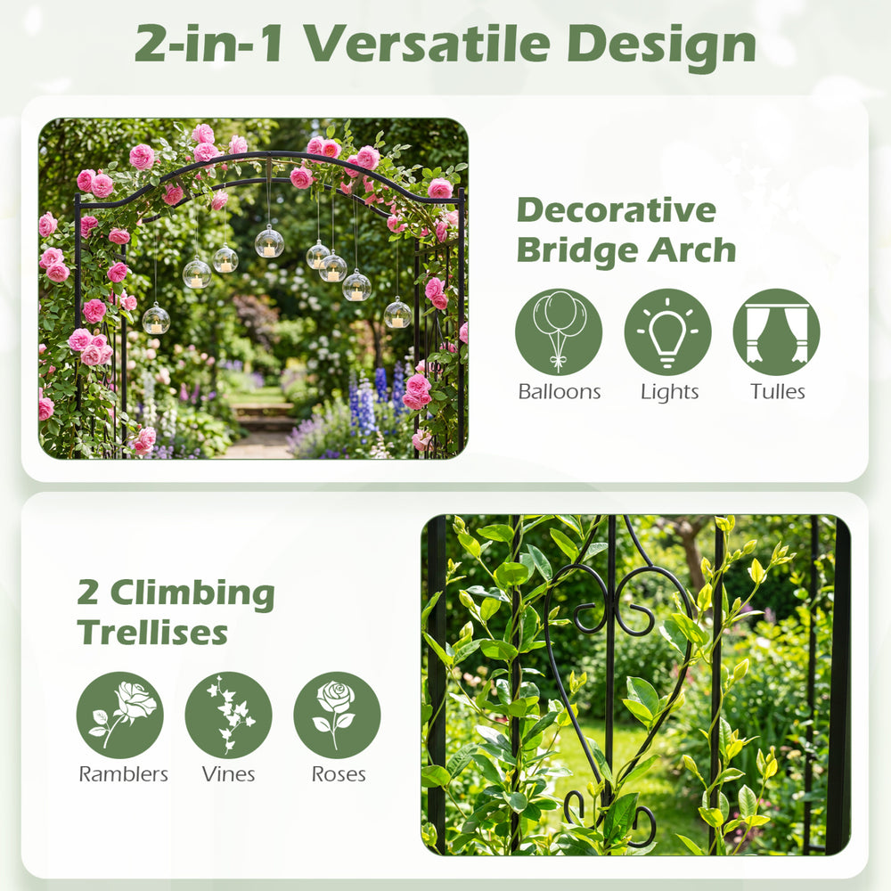 Heavy-duty metal garden arbor with curved roof, ideal for climbing plants and decorative displays in outdoor spaces.