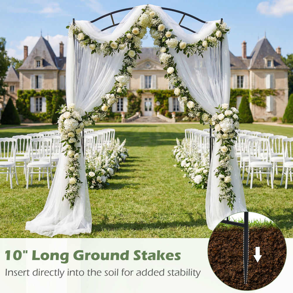 10" long ground stakes for securing the 7.5 feet metal garden arbor, ideal for outdoor weddings and events.