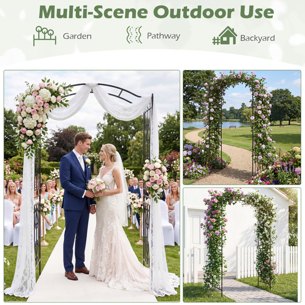 7.5 Feet garden arbor with decorative flowers, perfect for outdoor celebrations and enhancing garden entrances.