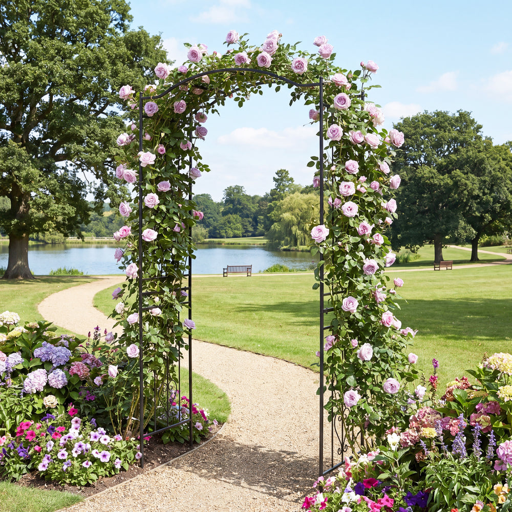 Garden arbor trellis with curved roof, perfect for climbing plants and outdoor events, featuring a sturdy metal frame.