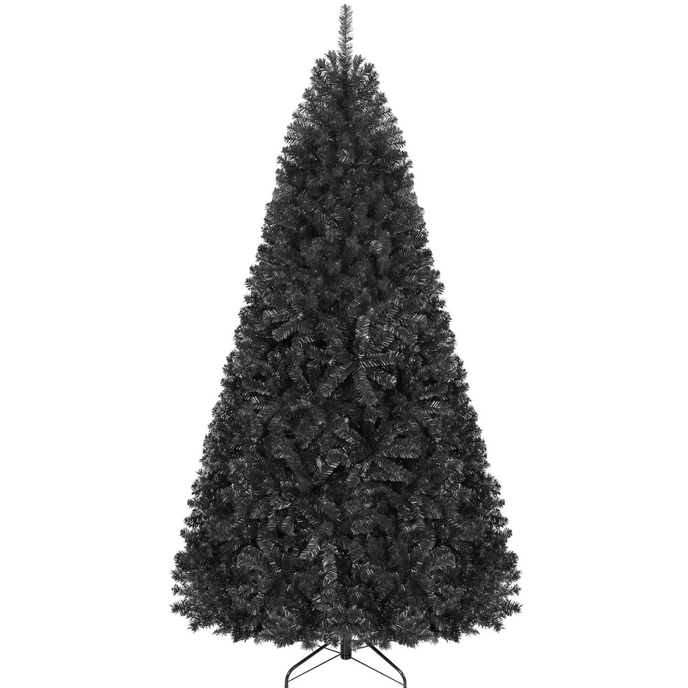 Hinged 7.5 feet black artificial Christmas tree with 1258 PVC branch tips, ideal for Halloween or Christmas decor.