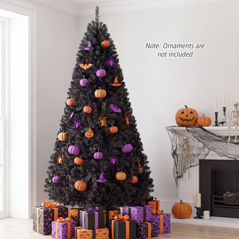 Black 7.5 feet hinged artificial Halloween Christmas tree with 1258 branch tips, perfect for festive home or office decoration.