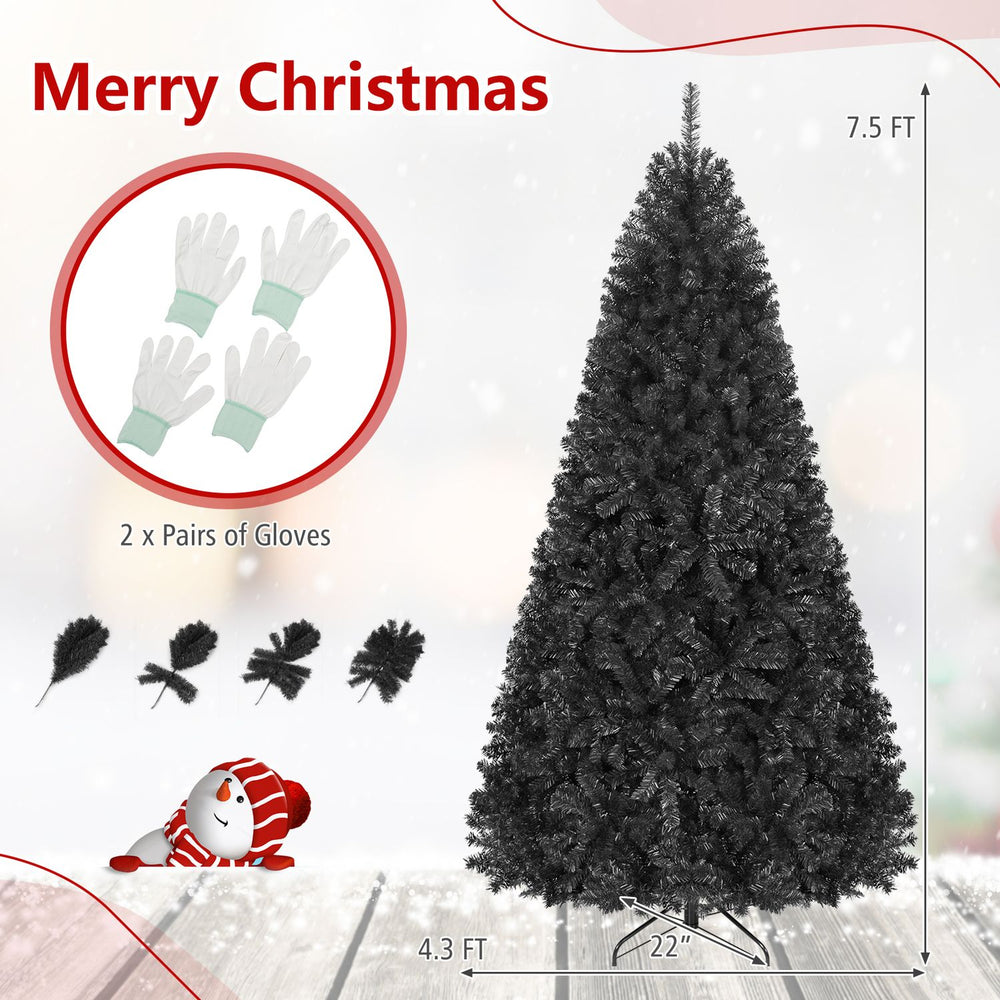 Black 7.5 feet hinged artificial Christmas tree with 1258 PVC branch tips, perfect for festive holiday decor.