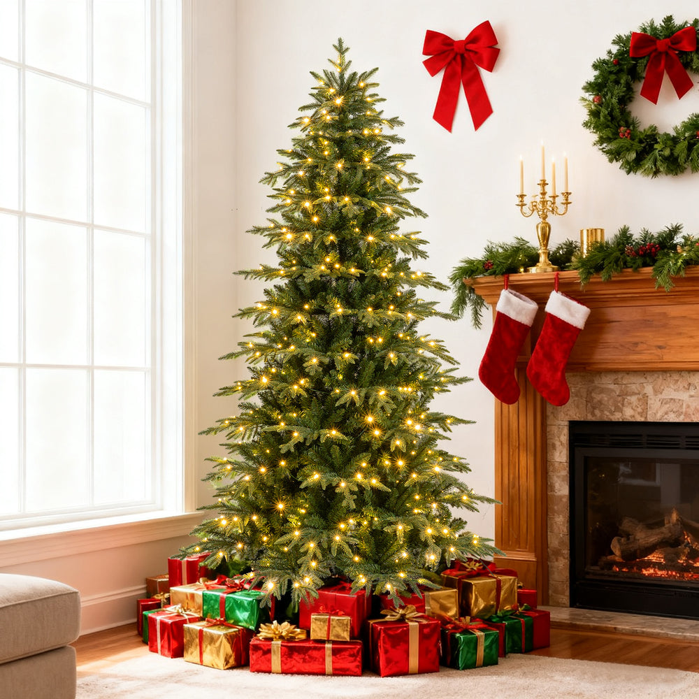 7.5 feet pre-lit artificial Christmas tree with 400 LED lights, featuring lush branch tips and a festive gift base.