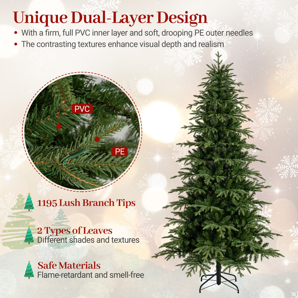 7.5 feet pre-lit artificial Christmas tree with 1195 lush branch tips, dual-layer PVC and PE leaves, and 400 LED lights.