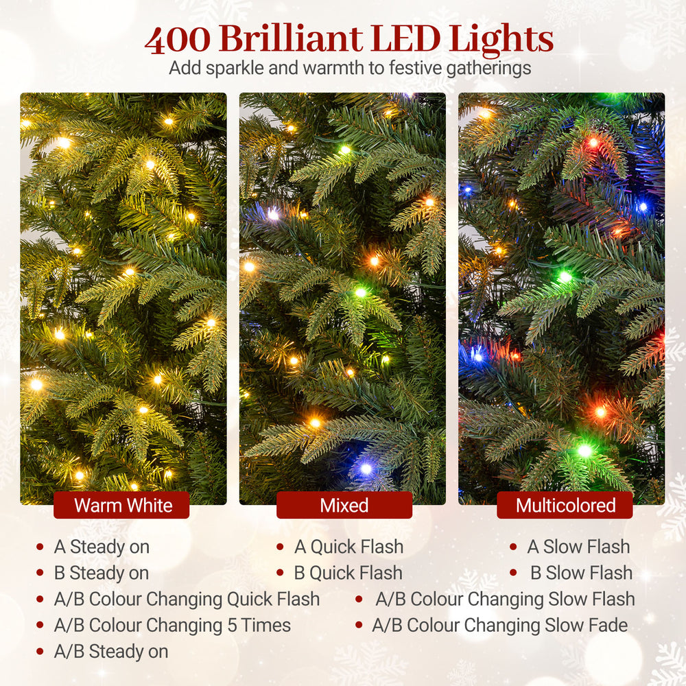 Close-up of 400 LED lights on a 7.5 feet pre-lit artificial Christmas tree, featuring warm white, mixed, and.